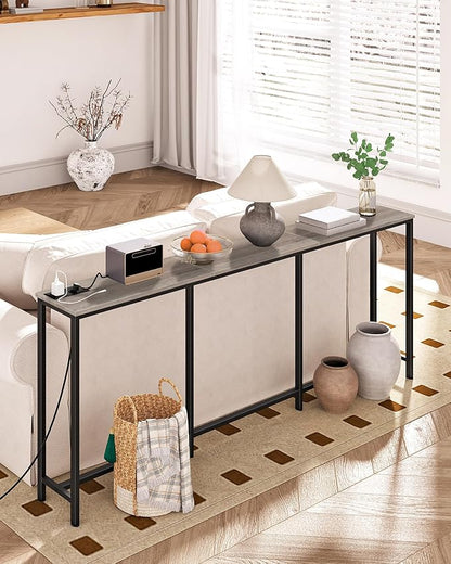 70.9" Narrow Console Table with Power Outlet 7.1" Skinny Sofa Table, Long Behind Couch with Charging Station for Hallway, Living Room Greige and Black TXG18UBG