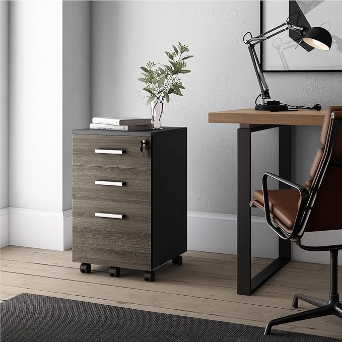 Modern Design Lazio File Cabinet, Filing Cabinets for Home Office, Drawers for Under Desk, Locking 3 Drawer Rolling Wood Filing Cabinet with Lock, Black and Grey, by Crafts and Comfort