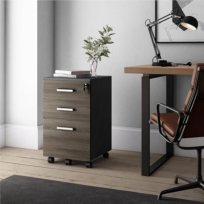 Modern Design Lazio File Cabinet, Filing Cabinets for Home Office, Drawers for Under Desk, Locking 3 Drawer Rolling Wood Filing Cabinet with Lock, Black and Grey, by Crafts and Comfort