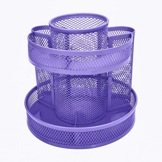 Annova Mesh Desk Organizer Rotate with 5 Compartments Round Spinning Tidy Candy/Pen Holder Desk Accessories Office, Art Supply, Storage, Classroom, Home (Purple)