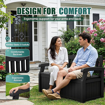Devoko 80 Gallon Storage Bench Deck Box Lockable for Patio Furniture, Garden Decor and Outdoor Seating for Cushions, Garden Tools and Pool Supplies (Black)