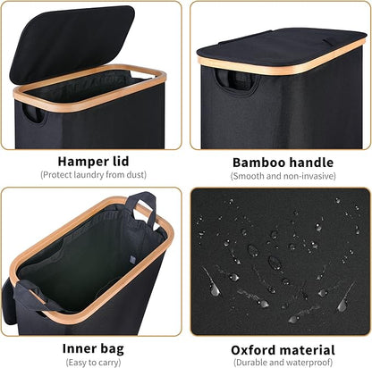 60L Slim Laundry Hamper, Narrow Laundry Basket with Lid,Foldable Clothes Hamper with Bamboo Handles,Hamper Basket with Removable Inner Bag for Laundry Room Bedroom College Dorm,Black