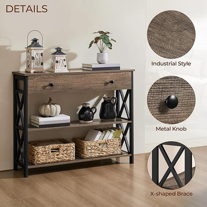 Yaheetech Console Table with Drawer and 2 Open Storage Shelves, Sofa Table for Living Room, 3-Tier Narrow Entryway Table, X-Shaped Design, Taupe Wood