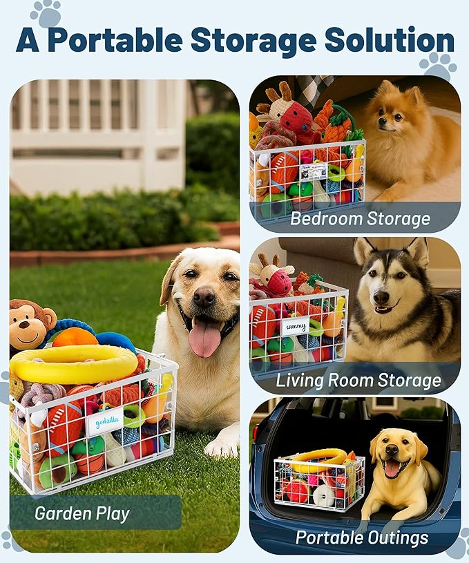 Dog Toy Basket, Dog Toy Storage Bin for Pet,Medium Toy Box for Dogs,Metal Storage Box with Handles,Toy Storage Organizer,Dog Toy Organizer Holder Boxes for Living Room（white）