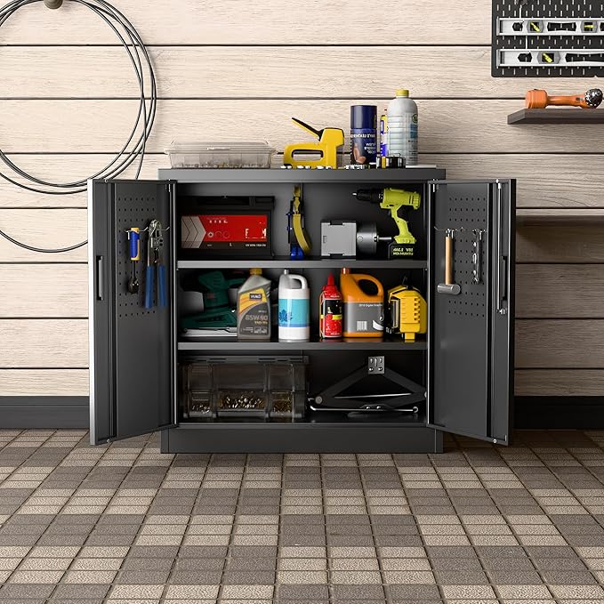 Metal Storage Cabinet with 2 Lockable Doors and 2 Adjustable Shelves, Locking Garage Storage Cabinet with Pegboard, Small Metal Cabinet with Lock for Garage, Home, Black, Assembly Required