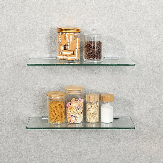 SAYAYO Floating Glass Shelves for Bathroom, 2/7 Inch Thicken Tempered Glass Shelf for Wall, 15 x 5 Inch 2 Pcs, Clear