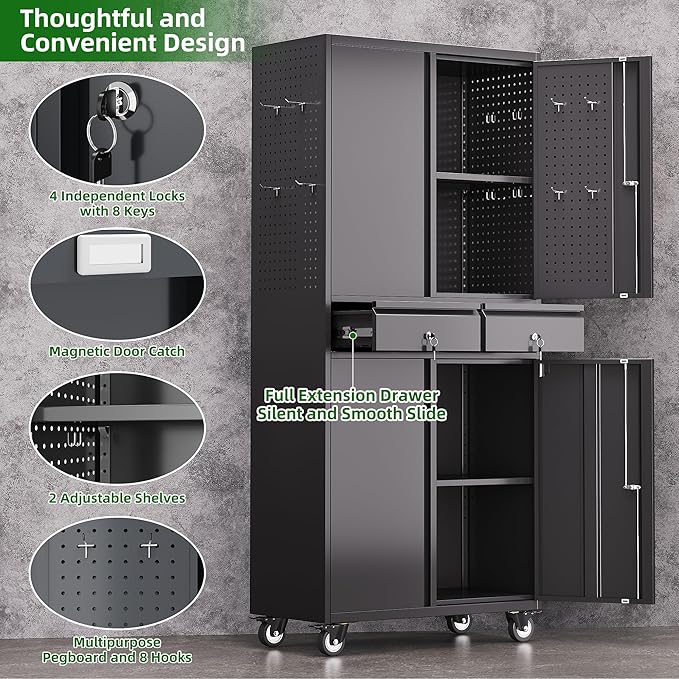 Garage Storage Cabinet with Wheels and Doors,71" H Metal Storage Cabinet with Pegboard and 2 Drawers for Garage, Warehouse,Home,Required Assembly,Black and Dark Grey