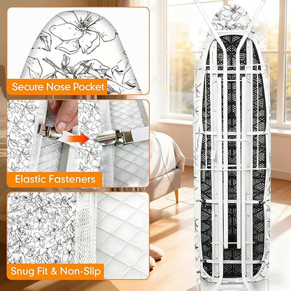 Ironing Board Cover and Pad, 21x54 Extra Large Thick Iron Padding, Scorch & Stain Resistant Ironing board cover, Heavy Duty Iron Board Padded with Adjustable Fasteners Elastic Edge, Floral White
