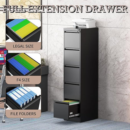 5 Drawer Vertical File Cabinet with Lock, Metal Filing Cabinets for Home Office, Heavy Duty File Storage Cabinet for Legal/Letter/A4 Documents, Easy to Assemble, Black