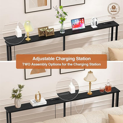 63" Sofa Table Narrow Long - 2 Power Outlets & 4 USB Ports, Metal Frame,Behind Couch Table Behind Sofa for Living Room, Hallway, Entrance- Easy Assembly, 4.9' Extension Cord Included.