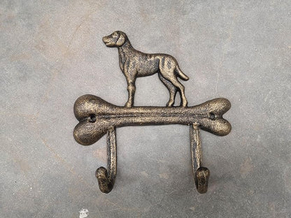 Dog Leash Holder, Cast Iron, Antique Bronze, 2 Hooks, Wall Mount, 6.9x6.9x1.8 inches, AR001