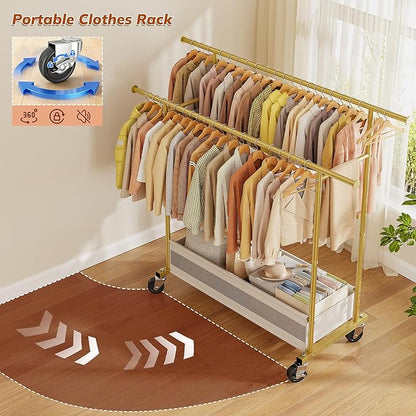 Clothes Rack, Double rods clothing rack, Clothing Racks for hanging clothes, Rolling clothes rack with Storage Basket & Heavy Duty Wheels, garment rack for Bedroom, Laundry Room, Gold