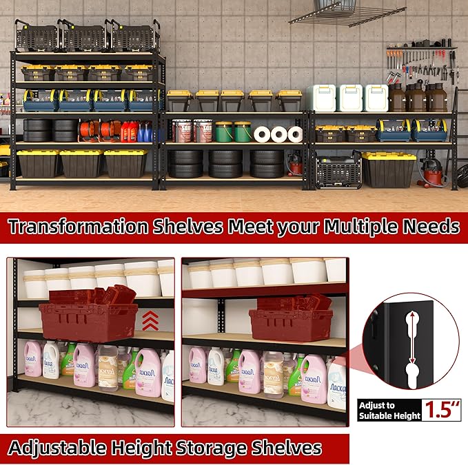 2 Packs 35.5" W x 16" D x 71" H Adjustable Garage Storage Shelves - 5-Shelf Heavy Duty Shelving Unit, Metal Utility Storage Organizer Racks for Warehouse Pantry Closet Kitchen, Black