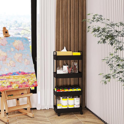 Buzowruil Rolling Storage Cart 4 Tier Organizer Mobile Shelving Unit Storage Rolling Utility Cart with Wheels for Kitchen Bathroom Laundry,Black