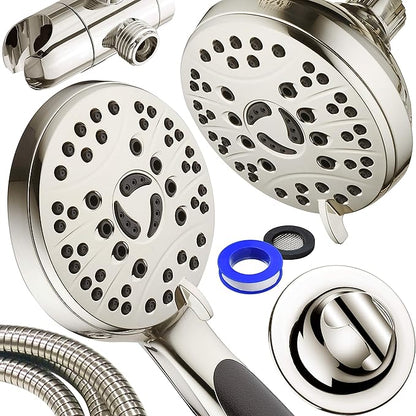 High Pressure 48-mode Luxury 3-way Combo – Dual Rain & Handheld Shower Head – 6 Foot Stainless Steel Hose – Anti Slip Grip – All Brushed Nickel Finish – Top US Brand – Extra Wall Bracket