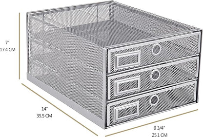 Annova Desk Organizer Wire Mesh 3 Tier Sliding Drawers Paper Sorter/Multifunctional/Premium Solid Construction for Letters, Documents, Mail, Files, Paper, Kids' Art Supplies (Silver)