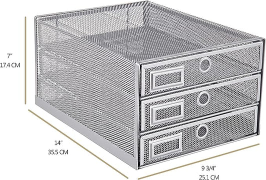 Annova Desk Organizer Wire Mesh 3 Tier Sliding Drawers Paper Sorter/Multifunctional/Premium Solid Construction for Letters, Documents, Mail, Files, Paper, Kids' Art Supplies (Silver)