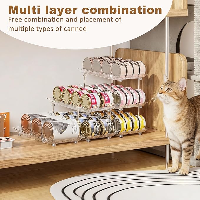 Can Organizer for Pantry, Modular 3 Tier Adjustable Cat Food Can Organizer Large Soup Can Storage Beverage Cans Clear Canned Goods Holder for Pantry and Fridge
