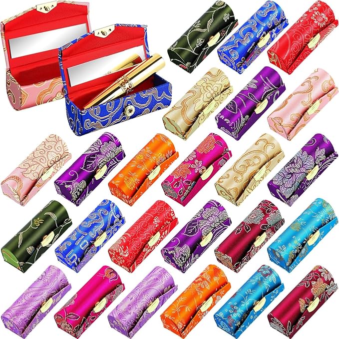 24 Pcs Diwali Gifts Bulk, Indian Return Gifts for Pooja Lipstick Holder Cases with Mirror, Mini Floral Jewelry Boxes, Portable Lipstick Storage for Women Wedding Party Favor (Random Color)