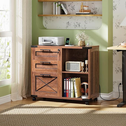 DEVAISE Wood File Cabinet with Charging Station, Mobile Lateral Filing Cabinet with Lock for Home Office, Printer Stand with Open Storage Shelves, Oak