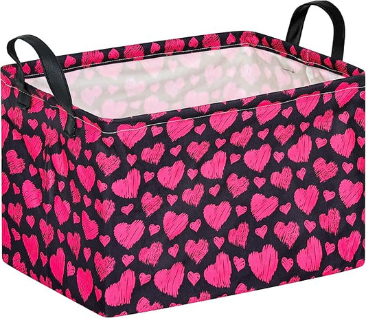 KUNRO Rectang Heart Pattern Valentine's Storage Basket Gift Shelf Basket Storage Bin, Nursery Basket Organizer Box for With Handles for Room Deco