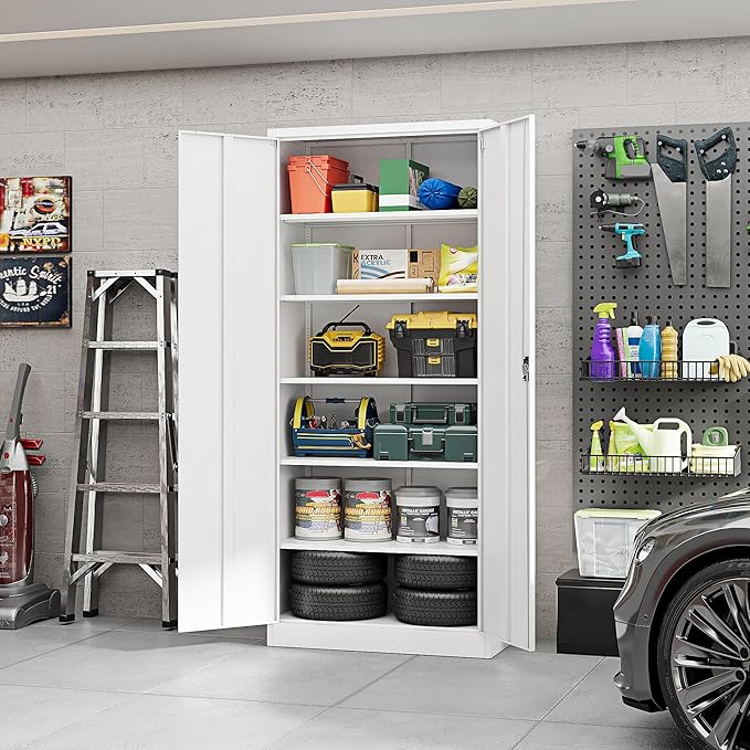 Yizosh Metal Garage Storage Cabinet with Lock, 71" Locking Tool Cabinet with 2 Doors and 5 Shelves, Heavy Duty for Garage, Office, School (White)
