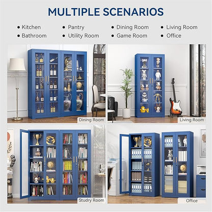 Curio Cabinets with Glass Doors, 71" Glass Display Cabinet with Lock, Tall Bookcase with Adjustable Shelves, Locking China Cabinet for Living Room, School, Commercial, Office, Plant, Blue
