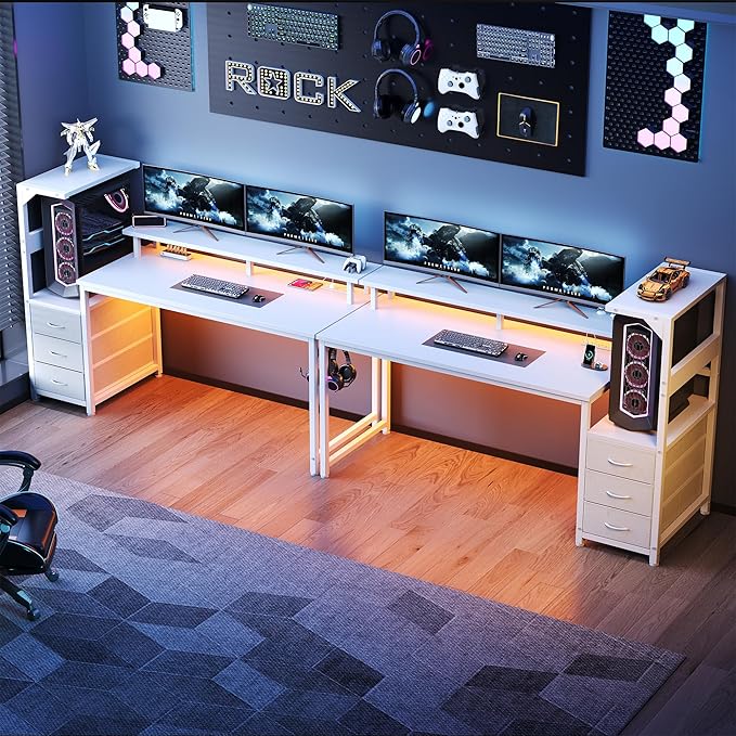 DUMOS L Shaped Gaming Desk with Shelves Storage Drawers 59'', White Computer Desks with LED Lights Power Outlets, Office Wood Table with PC Stand Cable Management for Bedroom Dual Monitor Streaming