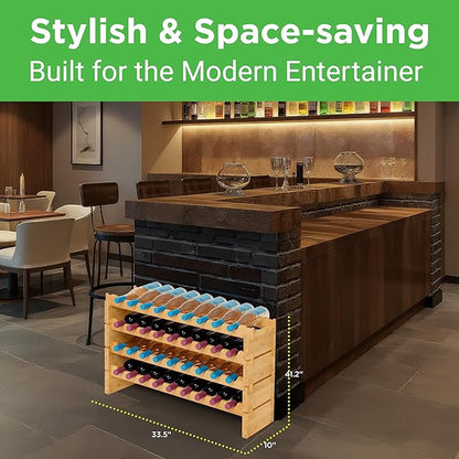 NutriChef 36 Bottle Wine Rack Stackable Bamboo Freestanding, 4-Tier Modular Shelf, Sturdy Wobble Free, Upgraded 2026 Design, Easy No-Tool Assembly for Kitchen, Cellar or Bar Storage 33.5" x 10" x 21"