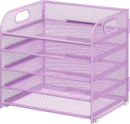 5 Tier Paper Organizer with Handle, Metal Mesh Desk Organizer File Folder Paper Letter Tray Desktop Document Sorter for Classroom, School, Office Accessories Organization and Storage - Purple
