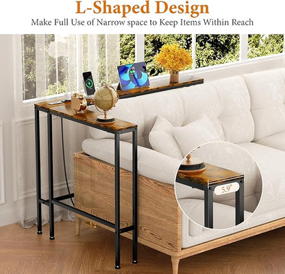 Narrow Console Table with Outlet, 70.9" Sofa Table Narrow Long, L Shaped Behind Couch Table, Skinny Entryway Tables with Charging Station,3 Assembly Options for Living Room,Hallway (Rustic Brown,70IN)