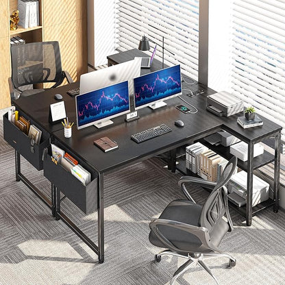 EnHomee Small Computer Desk with Storage Shelves & Side Bag, 40 Inch L Shaped Gaming Desk with Power Outlets, Corner Desk Study Writing Table for Home Office Bedroom Living Room, Black