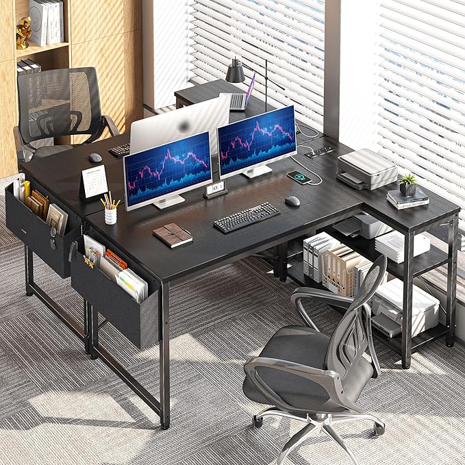 EnHomee 48" L Shaped Desk Office Desk with Power Outlets,Computer Desk with Reversible Storage Shelves & Side Bag,Small Gaming Desk for Gaming Working Small Space Home Office Bedroom,Black