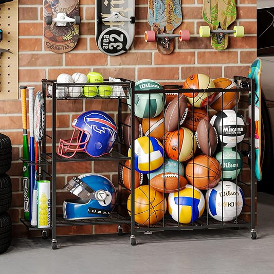 Ball Storage with Elastic Rope for Sports and Outdoors, Garage Organization with Wheels for Sports Gear and Toys, Large-Capacity Sports Equipment Organizer with Baseball Bat Holder and Basketball Rack
