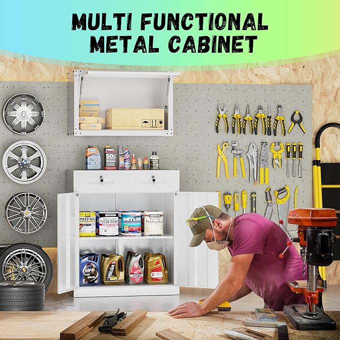 Bonusall Garage Storage Cabinet with 2 Drawers,42" Metal Office Cabinets with Doors and Shelves,Steel Pantry Cabinet for Home Office,School,Warehouse(White)