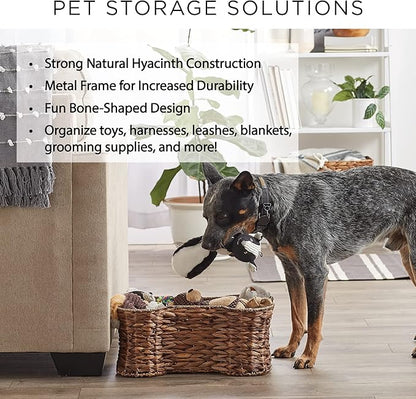 Bone Dry Pet Storage Collection, Bone Shape Hyacinth Toy Basket, Dark Brown, Large - 24x15x9"
