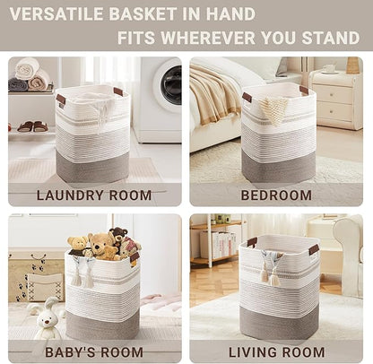 85L Tall Laundry Hamper with Handles for Living Room Storage, Extra Large Woven Rope Baskets Bin for Blanket, Kids Toy, Gifts, Wicker Hamper for Bedroom Dirty Clothes, 17"x14"x22" Dark Brown