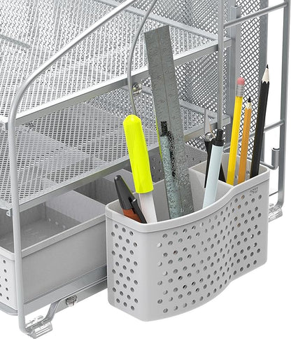 Simple Houseware 3-Tier Desk Organizer with Sliding Drawer, Hanging File Holder and Pen Holder Accessory, Silver