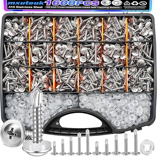 mxuteuk 1220PCS #8#10 Self Tapping Screws for Metal,410 Stainless Steel Self Drilling Screws,Truss Head 1/2" to1-1/2'' Self Tapping Screw for Plastic(610pcs Screw+610pcs Washer)