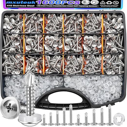mxuteuk 1220PCS #8#10 Self Tapping Screws for Metal,410 Stainless Steel Self Drilling Screws,Truss Head 1/2" to1-1/2'' Self Tapping Screw for Plastic(610pcs Screw+610pcs Washer)