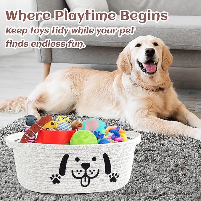 Small Woven Dog Gifts Basket for Storage Empty Dog Toy Bins Organizer with Ribbons and Bags Durable Cute Pet Gifts 12"X 8" X 5" Small Rope Basket for Gifting