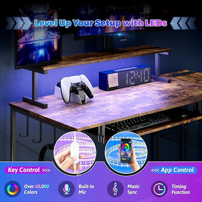 Computer Desk, L Shaped Gaming Desk with Monitor Stand & Storage Shelf & LED Light & USB Power Outlet, Reversible Shelves Corner Table with Keyboard Tray for Gaming, Home Office, Study