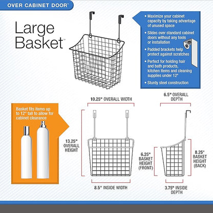Spectrum Hanging Baskets for Organizing (Large, Satin Nickel) - Grid Over the Cabinet Wire Basket- Kitchen or Bathroom - Door Hanging Storage Organizer for Cleaning Supplies, & Towels (Pack of 6)