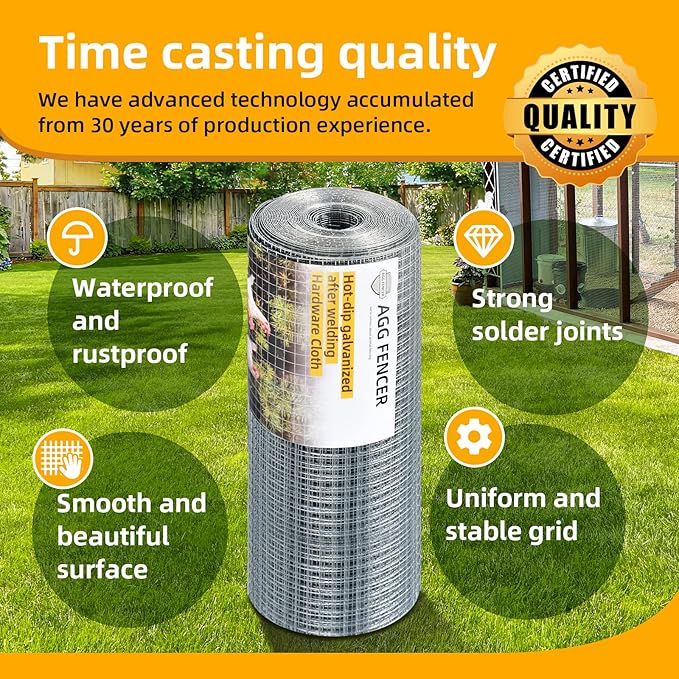 60inch x 100ft Hardware Cloth 1/2 inch Chicken Wire Fencing 19Ga, Hot Dipped Galvanized After Welding Garden Plant Supports Welded Metal Chicken Wire Fence Poultry Animal Netting Cage Screen