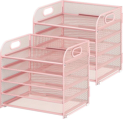 2 Pack 5 Tier Paper Organizer, Letter Tray with Handle, Mesh Desk Organizer, Metal File Organizer, Office Desk Accessories for Home, Office, Classroom, School -Pink