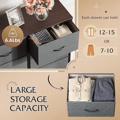WLIVE Fabric Dresser for Bedroom, Tall Dresser with 10 Drawers, Clothes Dresser, Chest of Drawers for Closet, Living Room, Hallway, Dark Gray