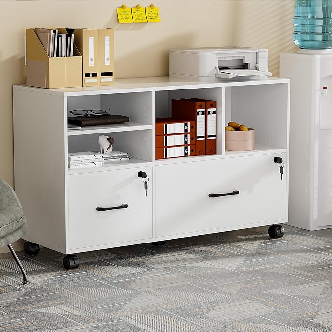 2 Drawer Wood Mobile Large Lateral File Cabinet, Lockable Rolling Filing Cabinet with Storage Shelves, Printer Stand Office Storage Cabinet for Home Office Fits Files Legal/A4, White