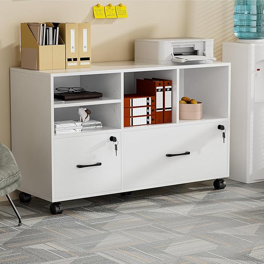 2 Drawer Wood Mobile Large Lateral File Cabinet, Lockable Rolling Filing Cabinet with Storage Shelves, Printer Stand Office Storage Cabinet for Home Office Fits Files Legal/A4, White