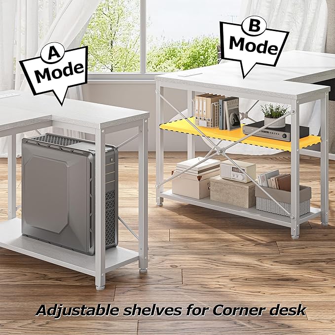 EnHomee 48 Inch L Shaped Computer Desk with Storage Shelves & Side Bag, Office Desk with Power Outlets, Small Corner Desk for Gaming Working Small Space Home Office Bedroom, Study Writing Table, White