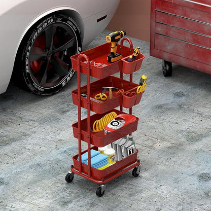 Simple Houseware 4-Tier Multifunctional Rolling Utility Cart with Hanging Buckets, Red
